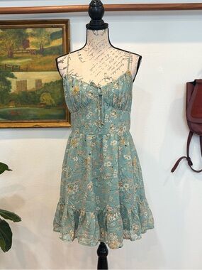 Windsor Sage Green Floral Mini Dress Cottagecore Fairycore Size L